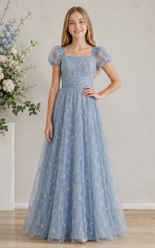 Himmelblaues Brautjungfernkleid im A-Linien-Schnitt mit eckigen, kurzen Ärmeln und Puffärmeln/Ballon-Blumenmuster im Boho-Stil
