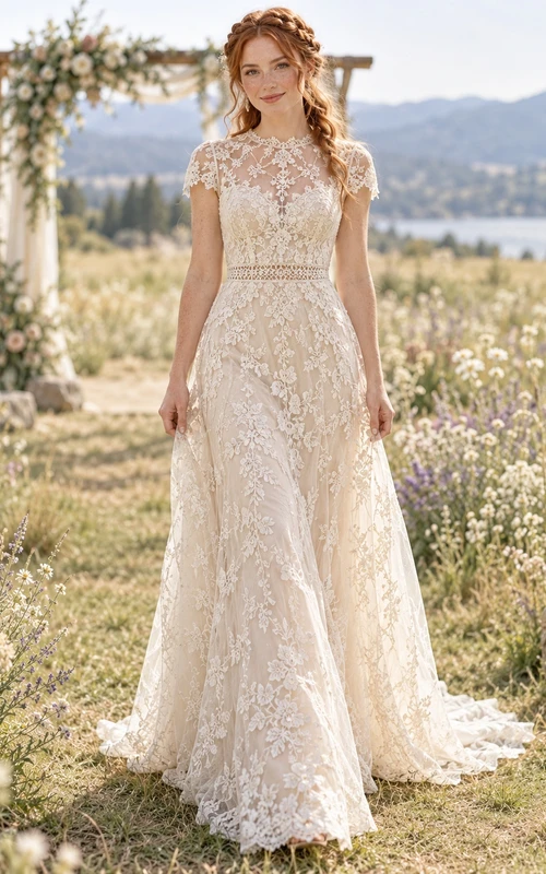 Boho High Neck Cap Sleeve Floral Lace Sheath Wedding Dress