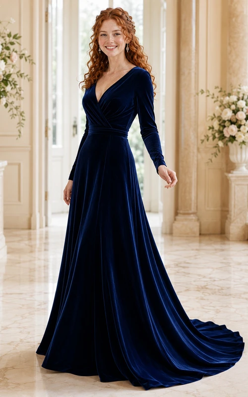 Robe de mariée trapèze en velours bleu marine à col en V et manches longues