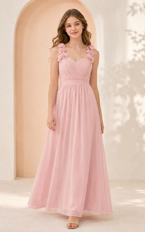 Zartrosa Brautjungfernkleid für junge Frauen, A-Linie, herzförmig, ärmellos, Chiffon, mit floralen Details, romantisch