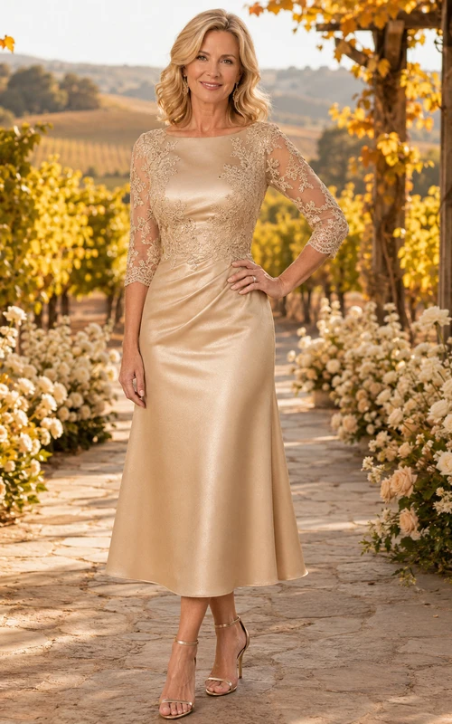 Champagne Vintage Sheath Ankle-Length Mother of the Bride Dress with Three-Quarter Illusion Lace Sleeves and Satin Skirt