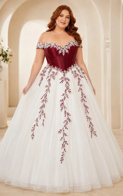 Burgunderrotes, besticktes Brautkleid in großen Größen, schulterfrei, kurze Ärmel, Kapellenschleppe, romantisch-elegant