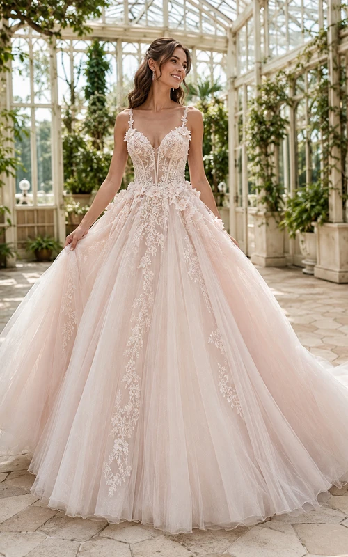 Robe de bal romantique en dentelle à fines bretelles, style princesse, taille naturelle, pour une mariée