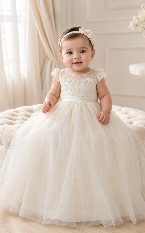 Robe de baptême délicate en tulle sans manches, coupe trapèze, ornée de perles, élégante et romantique, en dentelle adorable.