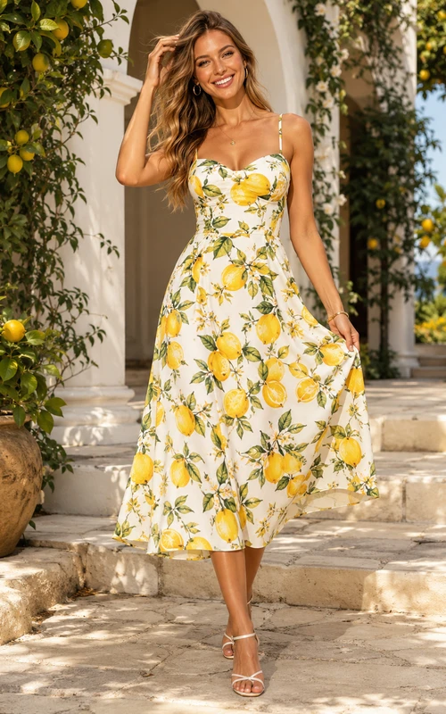 Vestido midi sin tirantes de corte A con estampado de limón y escote corazón, estilo mediterráneo.