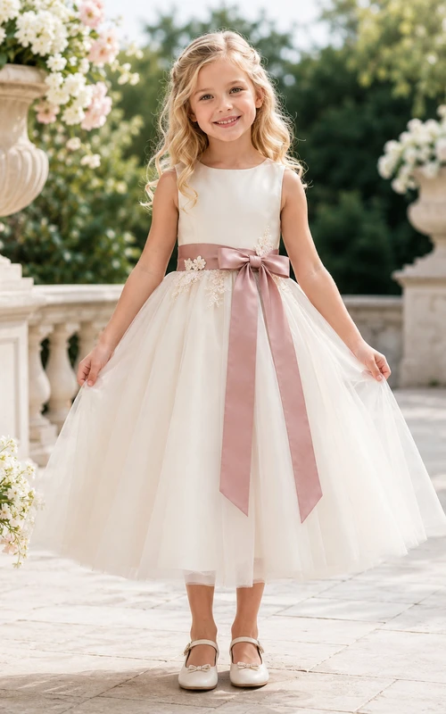 Bow Back Tulle A-Line Flower Girl Dress with Jewel Neck and Tea-Length Skirt