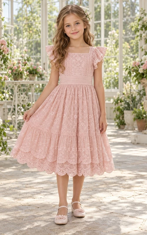 Vestido de niña de flores vintage rosa con escote cuadrado, corte en A y encaje, largo hasta la rodilla.