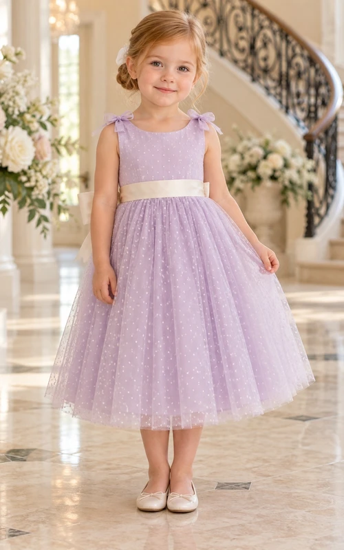 Robe de demoiselle d'honneur mi-longue lilas, coupe trapèze, sans manches, en tulle ivoire à pois et ceinture, avec ceinture.