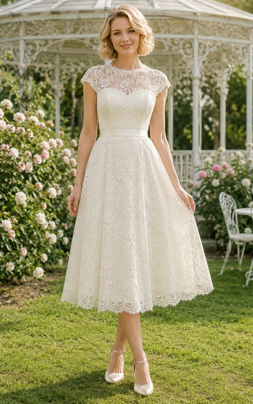 Vestido de novia de encaje vintage económico con mangas cortas y largo hasta la rodilla, estilo jardín.