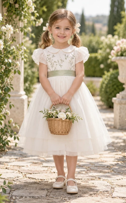 Teelanges, elfenbeinfarbenes Vintage-Kleid in A-Linie aus Tüll mit Kragen, Puffärmeln und grüner Schärpe für Blumenmädchen
