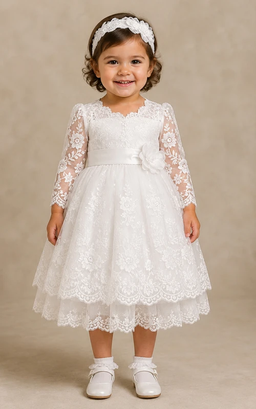 Baby Christening Gown Modest Princess Ball Gown Long Sleeve Illusion Tulle Lace Tea-Length with Bow Sash in White