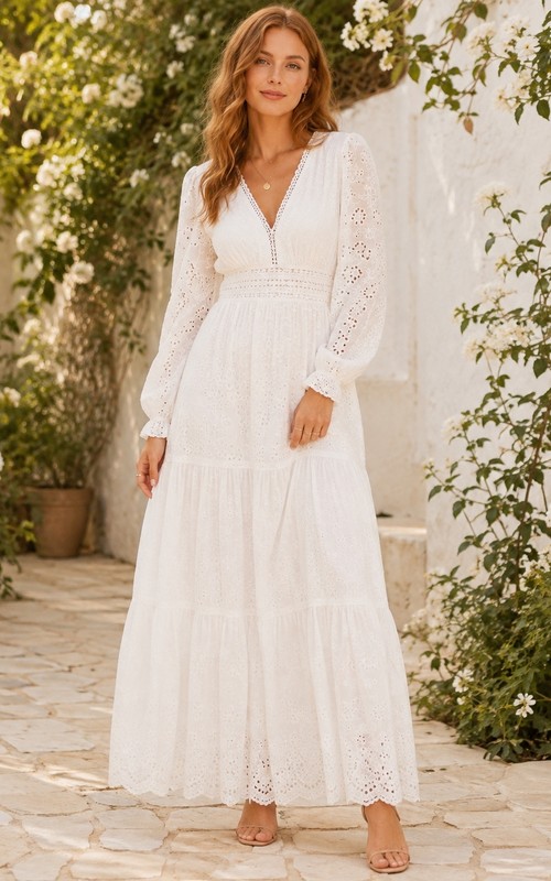 Long Sleeve Boho V Neck White Lace Maxi Guest Dress