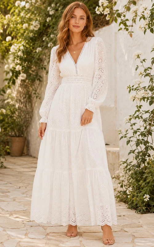 Langärmeliges Boho-Maxikleid aus weißer Spitze mit V-Ausschnitt und V-Ärmeln
