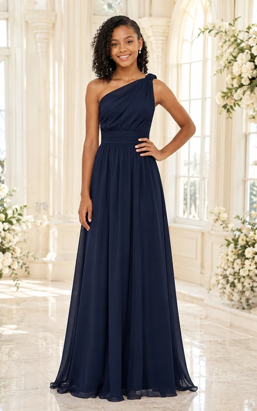 Dunkelblaues Brautjungfernkleid für junge Damen, A-Linie, One-Shoulder, ärmellos