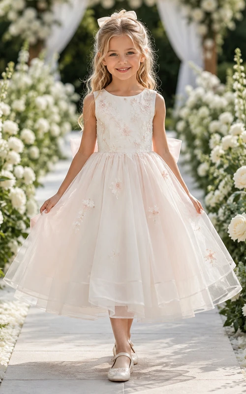 Rosafarbenes Tüll-Blumenmädchenkleid mit Spitzenoberteil