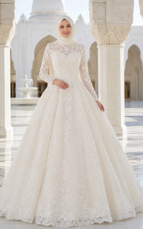 Vestido de novia musulmán modesto de manga larga con encaje y cola de capilla.