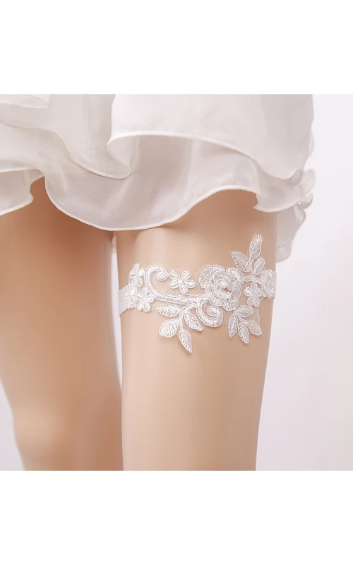 Weißes, sexy, handgefertigtes Strumpfband mit Spitzenapplikationen und elastischem Bund, 40-58 cm (16-23 Zoll)