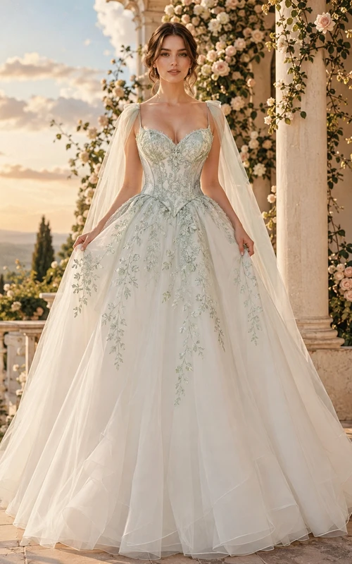 Celadonfarbenes, botanisches Brautkleid, Ballkleid, ärmellos, mit Kathedralenschleppe und Cape, romantisches Design