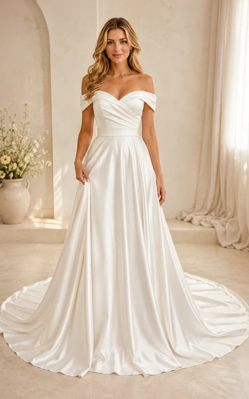 Robe de mariée en satin, robe de bal, épaules dénudées, traîne.