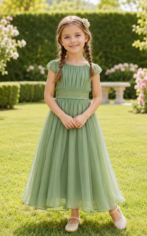Blumenmädchenkleid aus salbeifarbenem Chiffon, A-Linie, kurze Ärmel, Rundhalsausschnitt, Teelänge, Schärpendetails