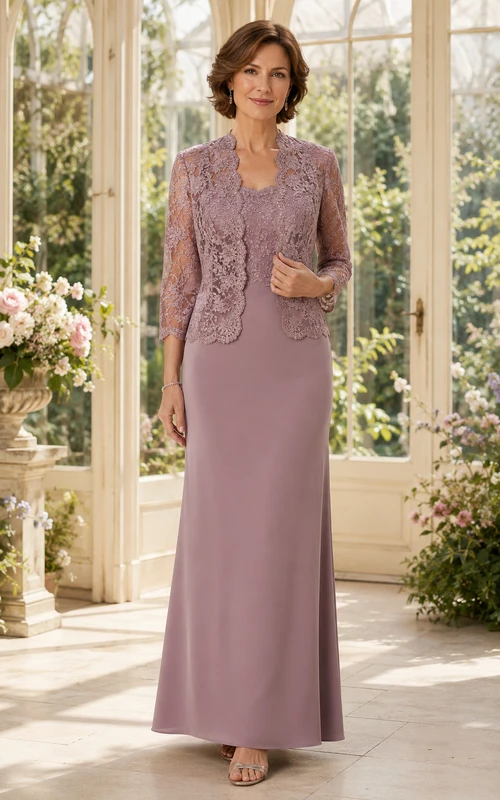 Mauve Floor-Length Mother Dress with Lace Jacket