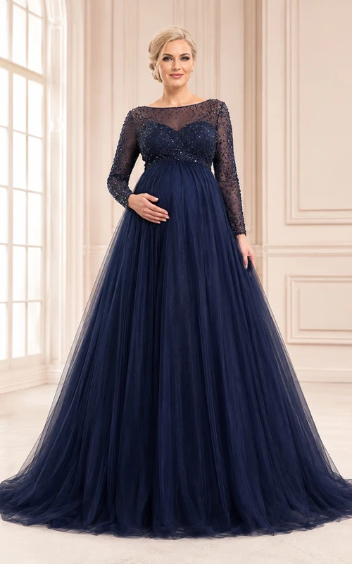 Vestido de gala de maternidad azul marino, largo hasta el suelo, estilo barco, de tul y manga larga.
