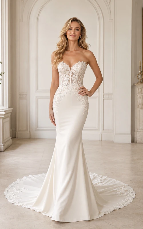 Robe de mariée sirène en satin et dentelle vaporeux, bustier cœur sans manches, traîne chapelle, ornée d'appliqués floraux.