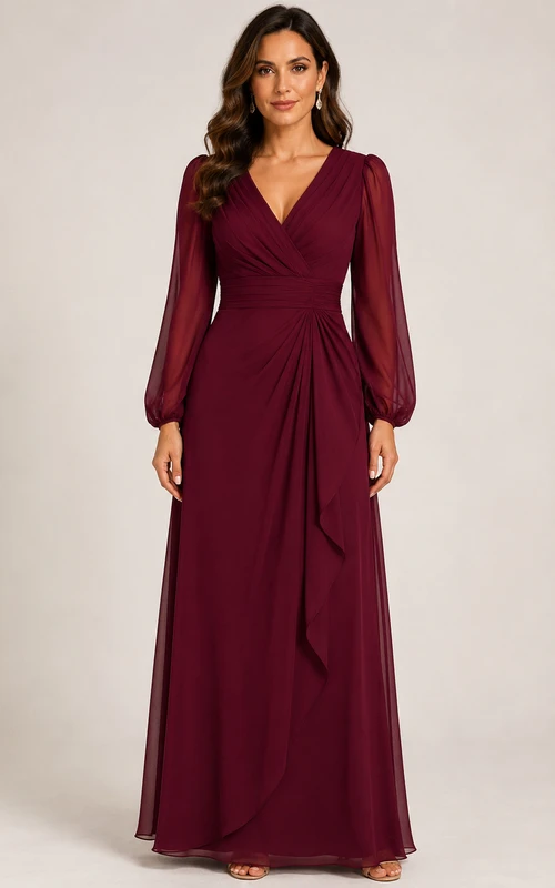 Robe de soirée longue en mousseline à col en V et manches longues