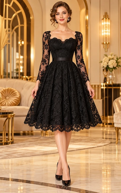 Robe de cocktail vintage noire à col carré, manches longues et dentelle, longueur thé