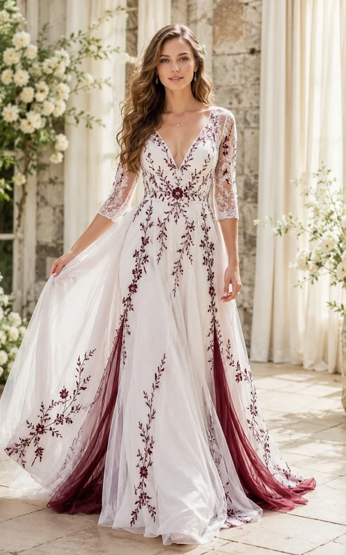 Burgundy Lace Three-Quarter-Sleeve V-Neck A-Line Chapel-Train Romantic Wedding Dress