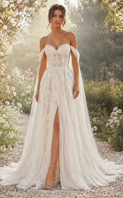 Boho A-Line Wedding Dress Off Shoulder Sweetheart Tulle Lace Applique Split Front Floor Length Chapel Train Ivory