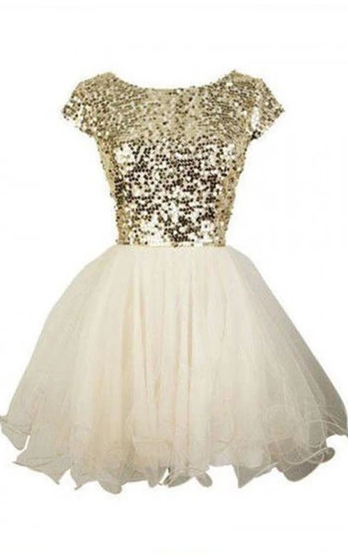 Robe de bal courte mini en tulle à sequins, coupe trapèze, manches courtes, fermeture éclair bateau et dos nu en V