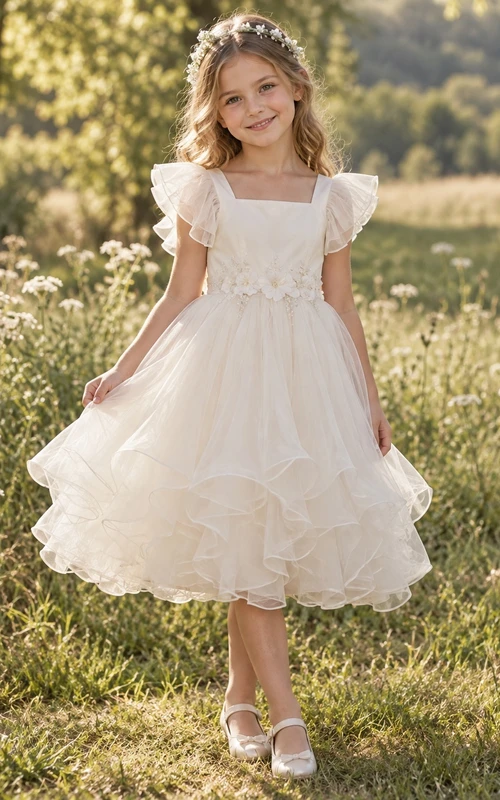 Tea-length Square Neck Ivory Floral Flutter Sleeve Satin A-Line Gathered Curled Tulle Tiered Flowergirl Dress