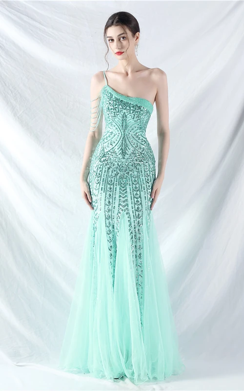 Crafted Beaded Positioning Flower Beads Splicing Mesh Gauze High-End Evening Dress