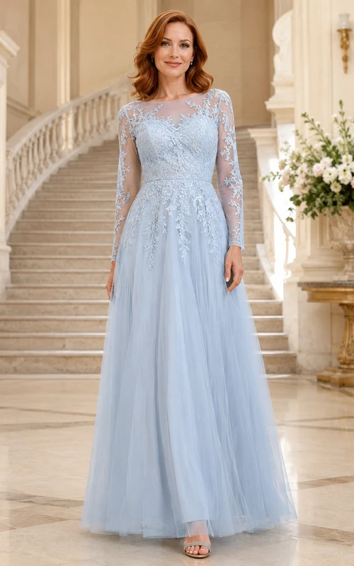 Sky Blue Illusion Lace Tulle A Line Formal Dress