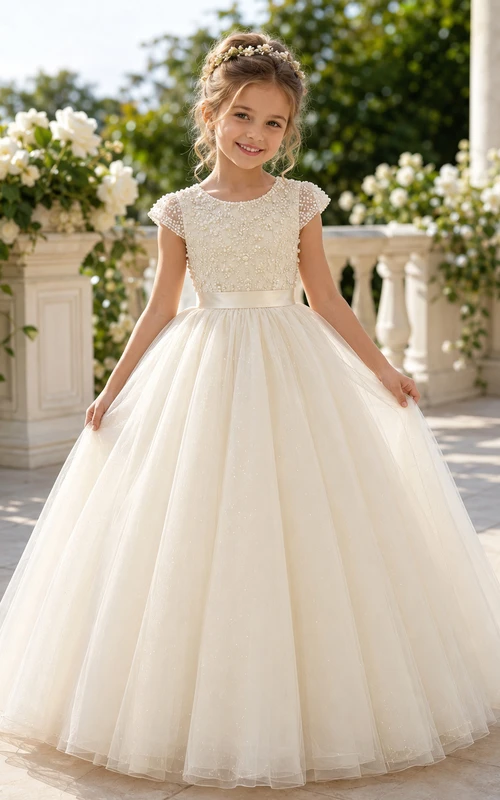 Luxury Tulle Floor-Length Ball Gown Beaded Cap Sleeve Flower Girl Formal Wedding Dress