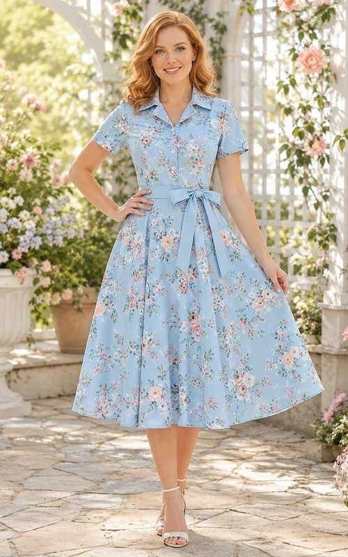 Floral Blue Short-Sleeve A-Line Tea-Length Vintage Guest Dress