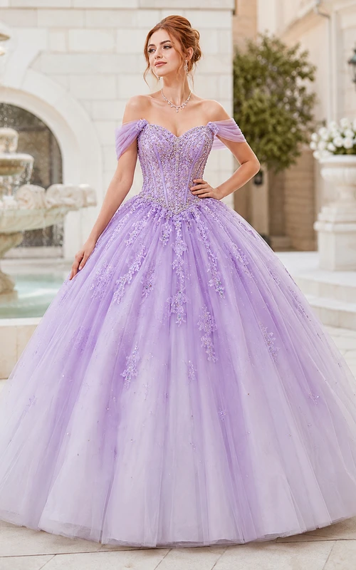 Lilac Luxury Off Shoulder Beaded Corset Glitter Tulle Quinceanera Princess Ball Gown