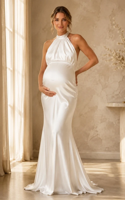 Vestido de novia premamá de satén sin mangas con escote halter y cola larga estilo sirena.