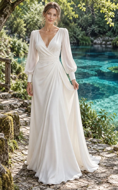 Vestido de novia sencillo de corte A con mangas largas, escote en V, gasa, drapeado lateral y cintura fruncida.