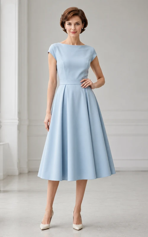 Powder Poise Sky Blue A-Line Tea-Length Bateau Short-Sleeve Satin Vintage Guest Dress