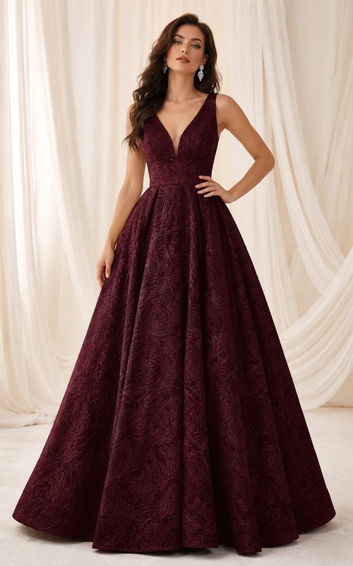 Burgundy Deep V-Neck Embossed Crepe Ball Gown Floor-Length Prom Evening Dress