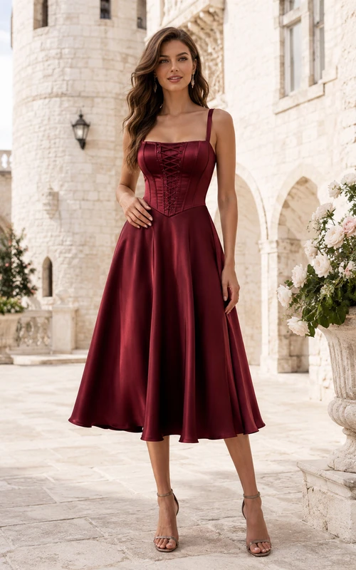 Vestido midi de satén burdeos con escote cuadrado y corte en A para invitada.