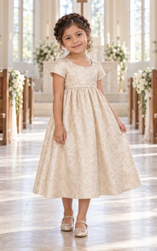 Tea-length Champagne Floral-textured Empire Cap-sleeve Gathered Bow-back Scoop-Neck Flower Girl Dress