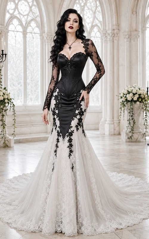 Schwarzes Brautkleid aus gotischer Spitze mit langen Ärmeln, herzförmigem Meerjungfrauen-Ausschnitt und Kapellenschleppe