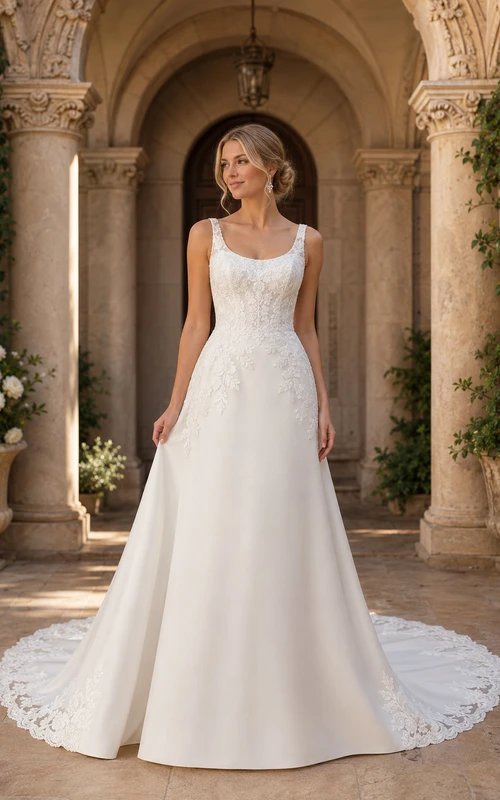 Wedding A-Line Satin Dress with Scoop Neck Straps and Lace Train