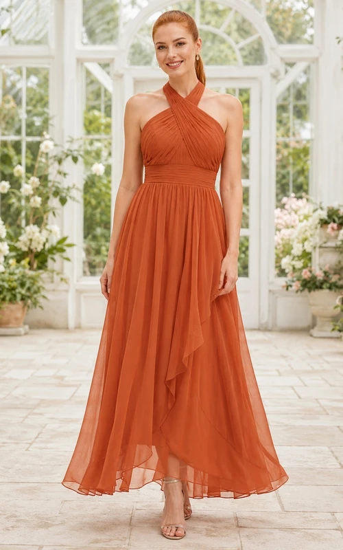 Robe de demoiselle d'honneur plissée en mousseline orange brûlé, dos nu, coupe trapèze, à bretelles, ornée d'un col roulé.