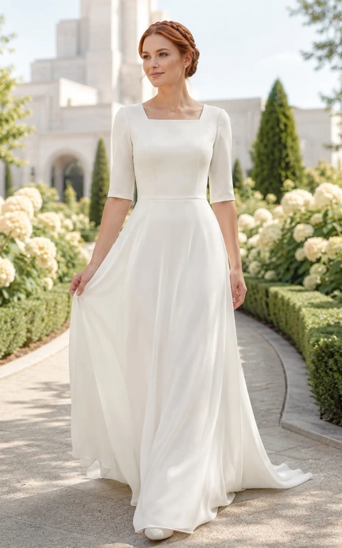 Vestido de novia modesto de corte A con mangas cortas, estilo templo de jardín.