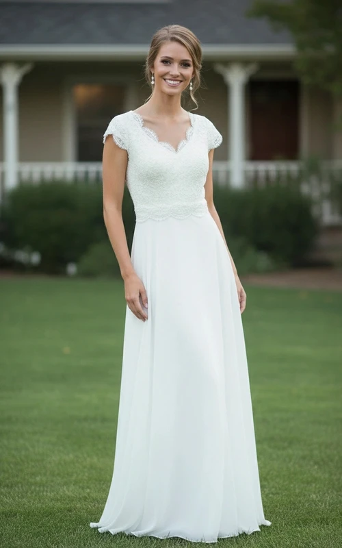 Vestido de dama de honor clásico de gasa con borde festoneado