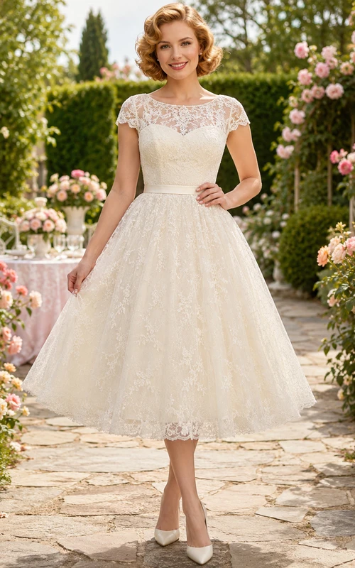 Brautkleid im Gartenstil der 1950er Jahre mit kurzen Ärmeln, Spitze und Teelänge